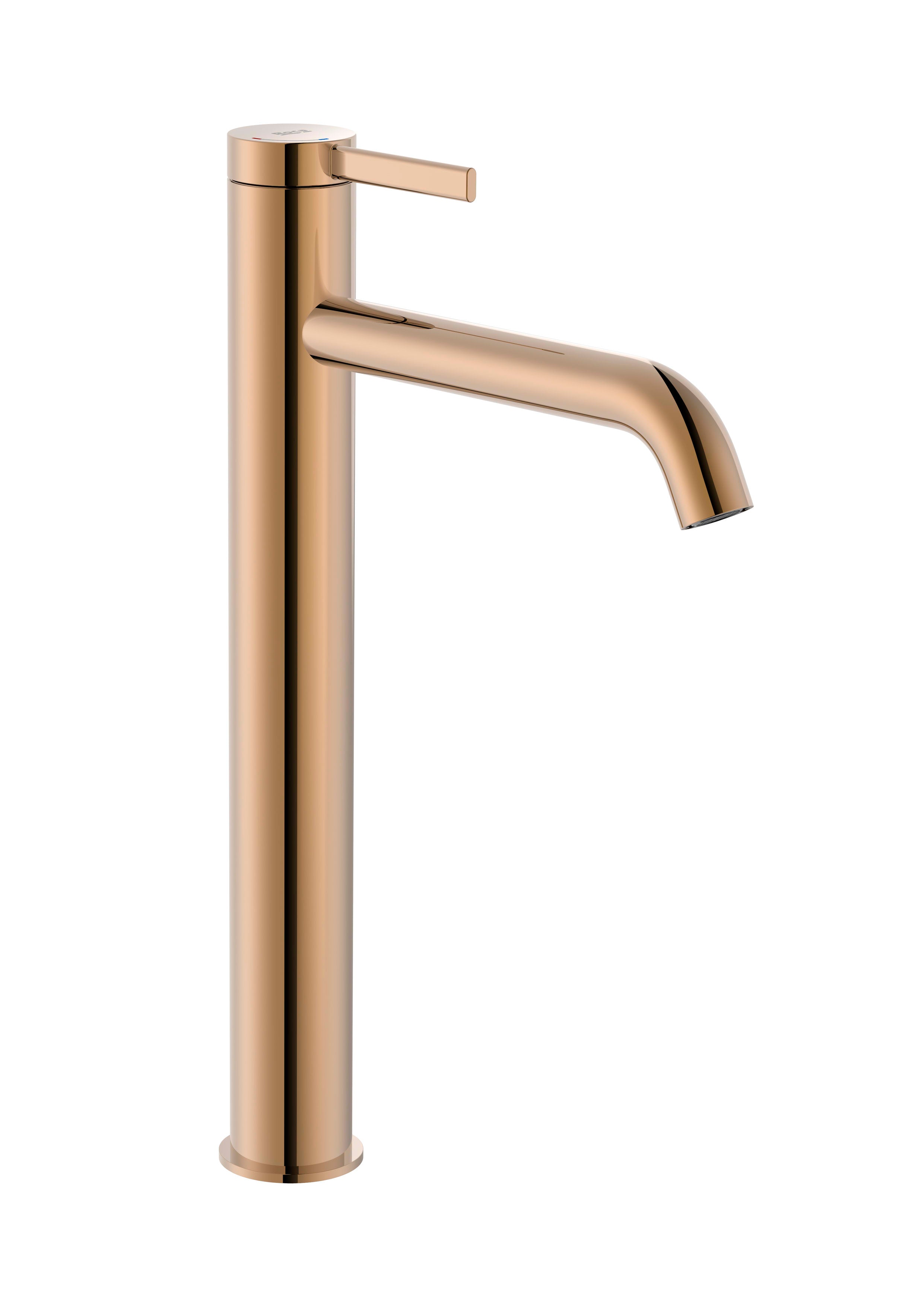 Roca Ona Basin Mixer High Neck Smooth Body With Click Clack Waste Cold Start Rose Gold
