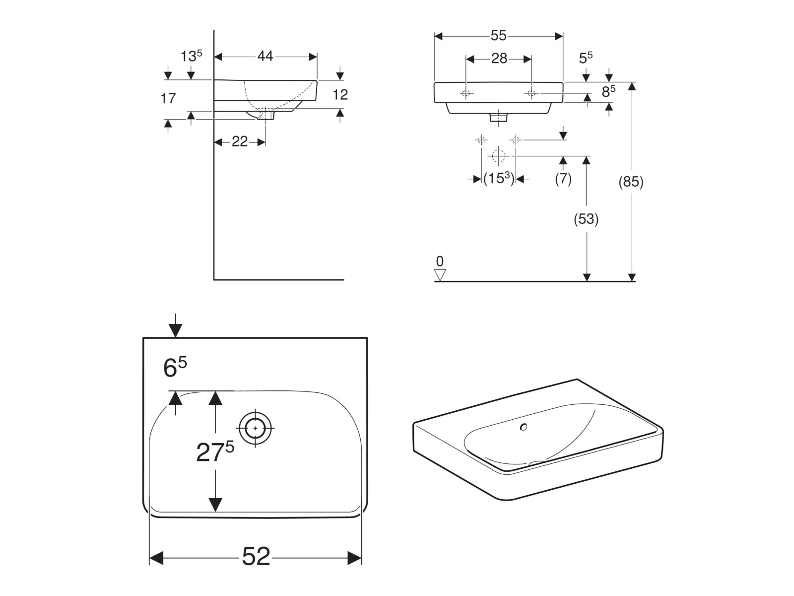 Geberit Smyle Square 550mm No Taphole  Washbasin White 501.574.00.1