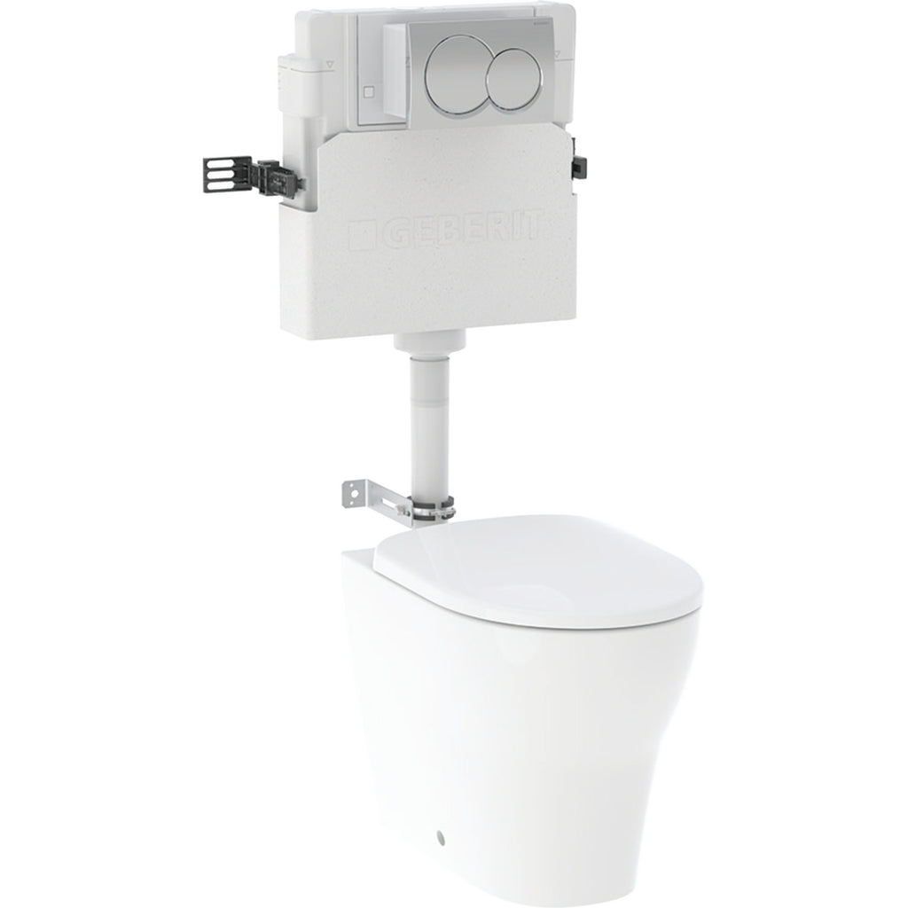 Geberit Alpha set of concealed cistern 12 cm, 6- / 3-litre, installation height 109 cm, with Alpha01 flush plate and Selnova floor-standing WC, back-to-wall, Rimfree: gloss chrome-plated 118.363.21.2