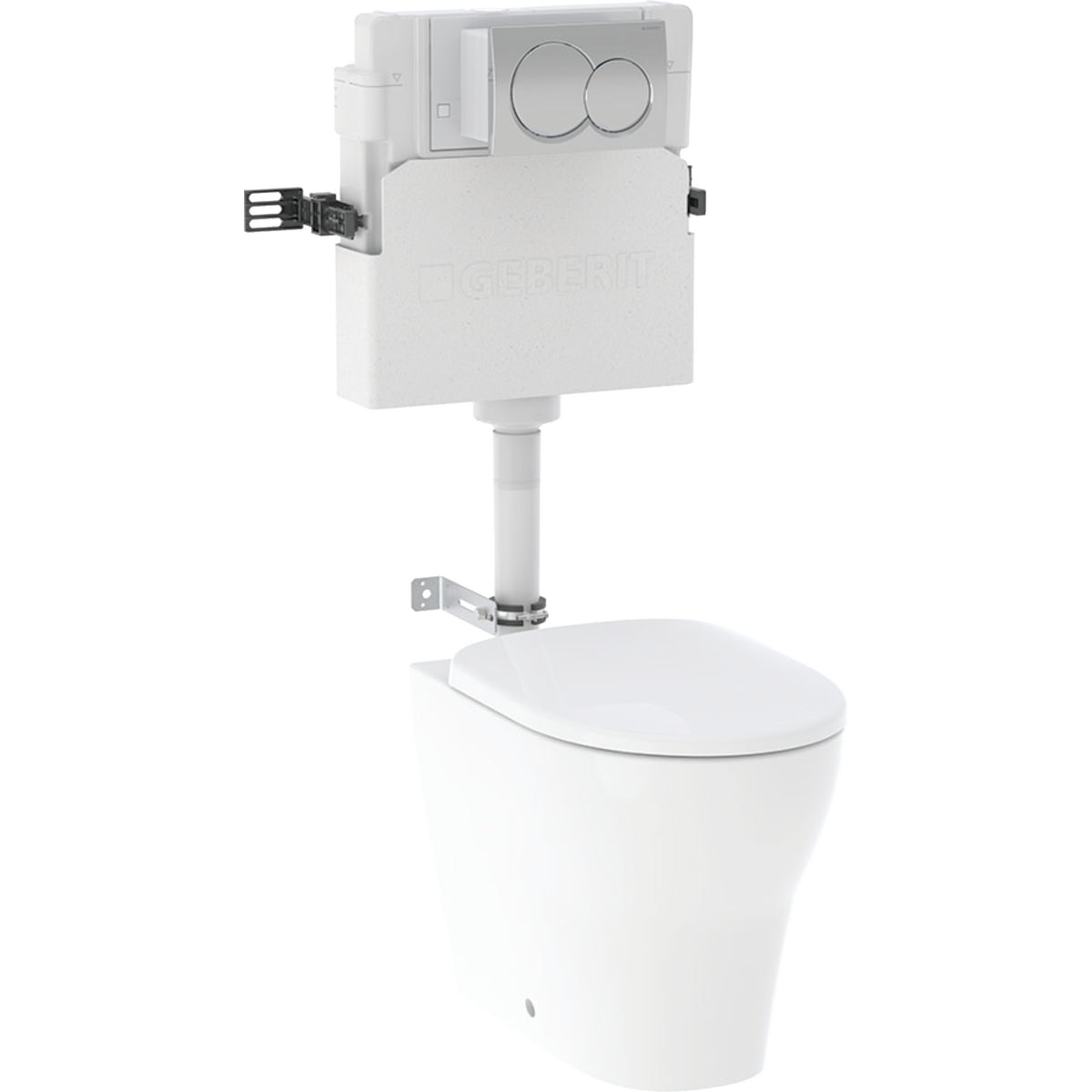 Geberit Alpha set of concealed cistern 12 cm, 6- / 3-litre, installation height 109 cm, with Alpha01 flush plate and Selnova floor-standing WC, back-to-wall, Rimfree: gloss chrome-plated 118.363.21.2
