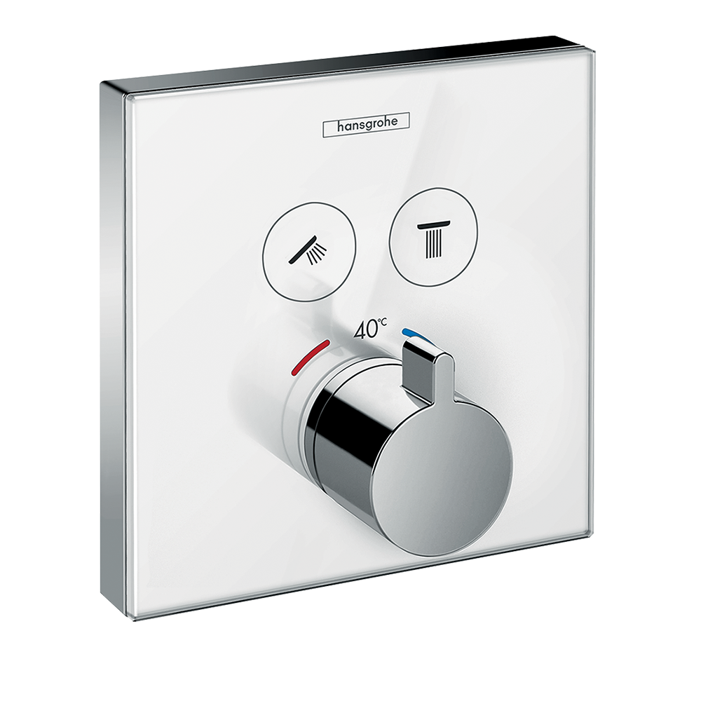 hansgrohe ShowerSelect Glass Thermostatic Shower Mixer Valve, 2 Outlets White/Chrome
