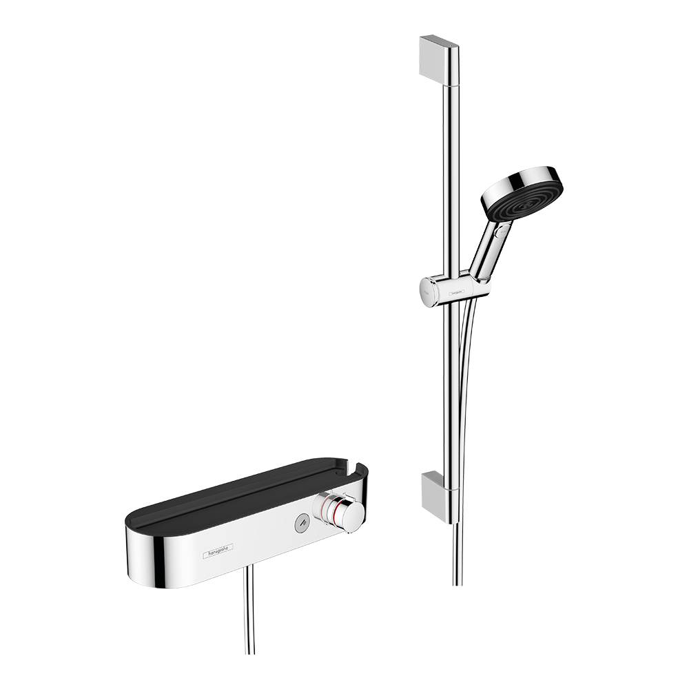 Hansgrohe Pulsify Select S Shower System 105 3Jet Relaxation With Hand Shower Thermostatic Shower Bar 650mm Slider And Shower Hose Chrome