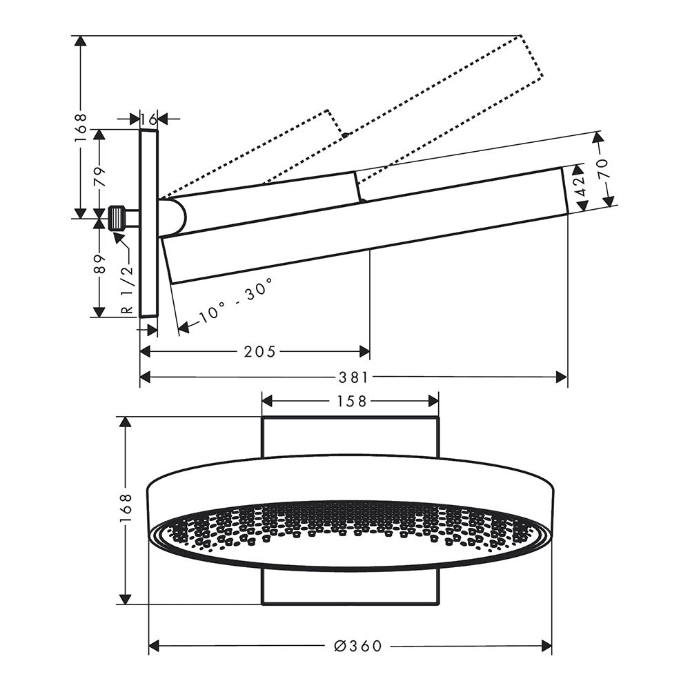 hansgrohe Rainfinity Fixed Shower Head 360 1 Spray with wall connector, Brushed Black, Chrome