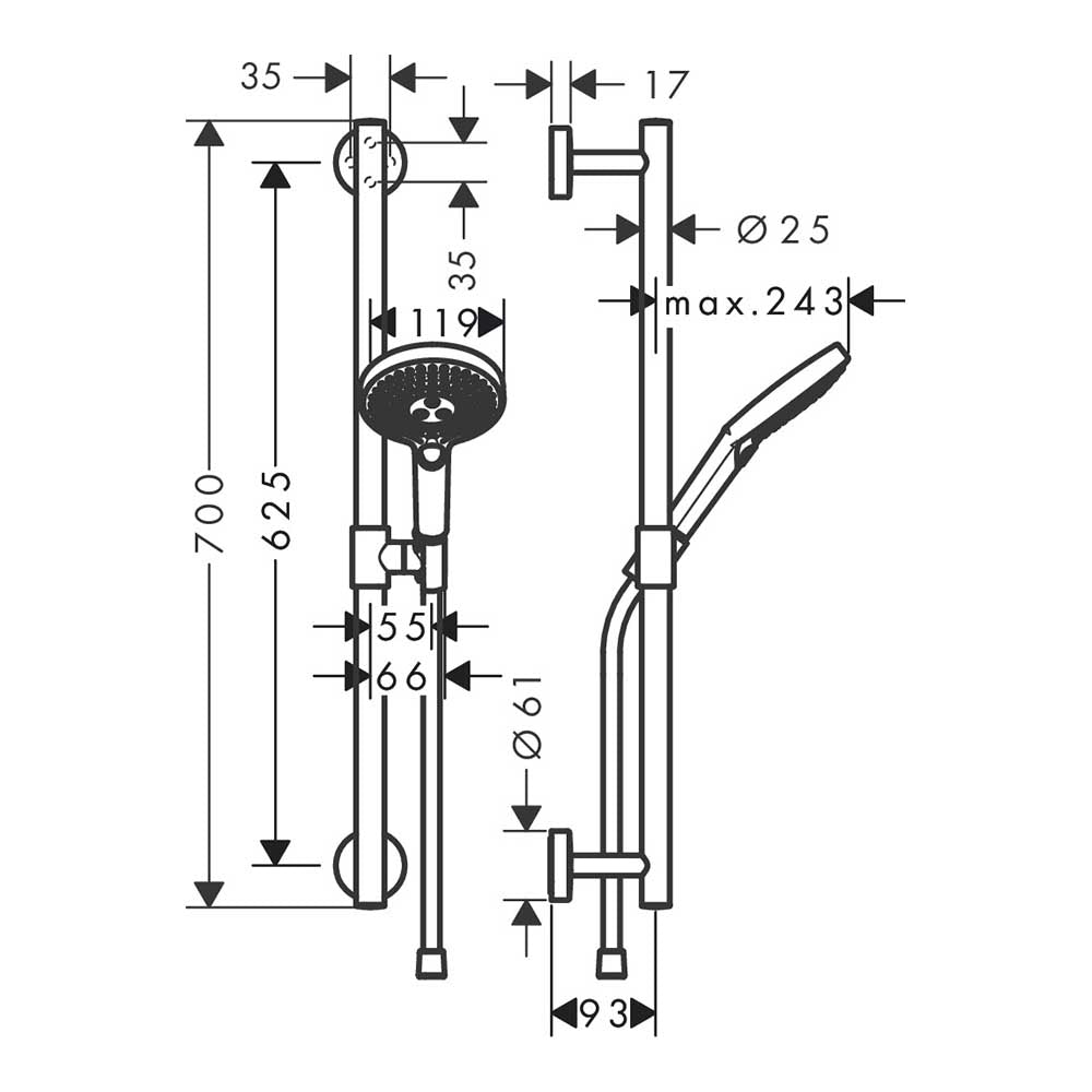 hansgrohe Raindance Select S Shower Handset 120 3 Spray with Shower Rail 65 cm, Chrome