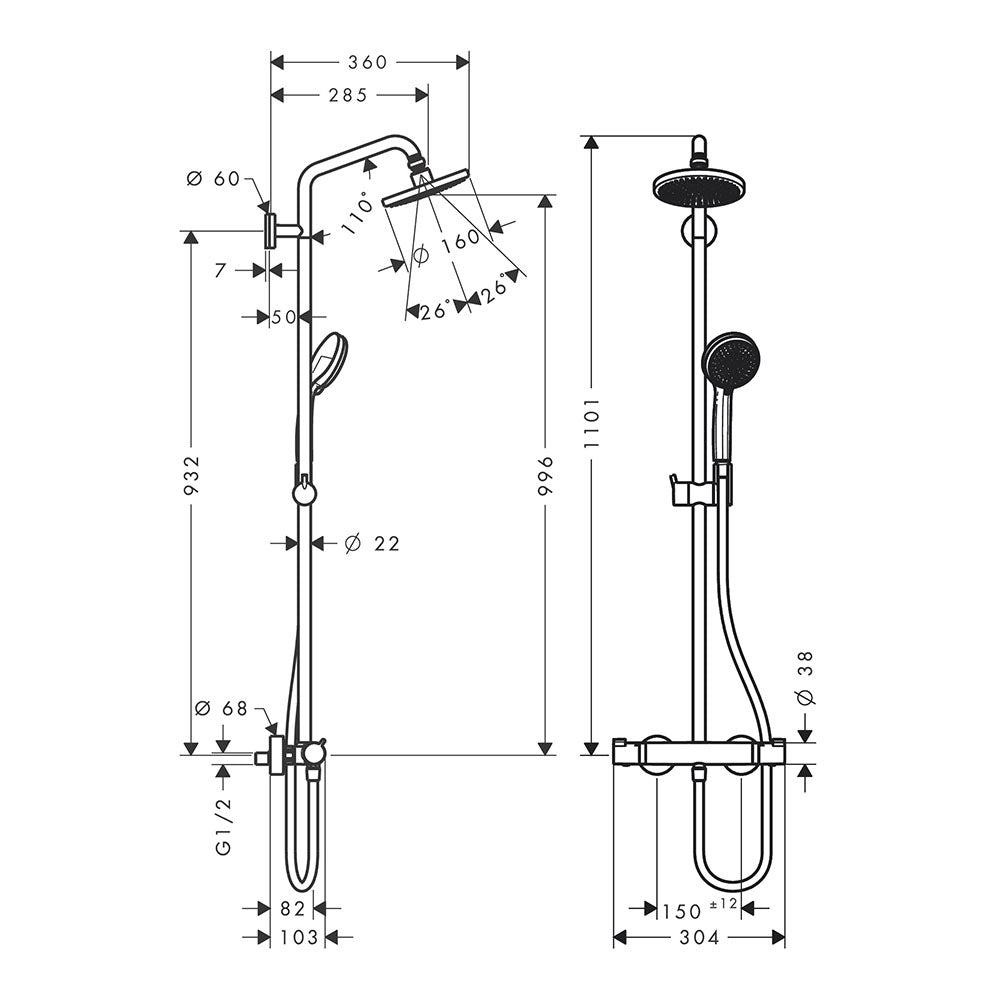hansgrohe Croma Thermostatic Shower Mixer Set 160, Chrome