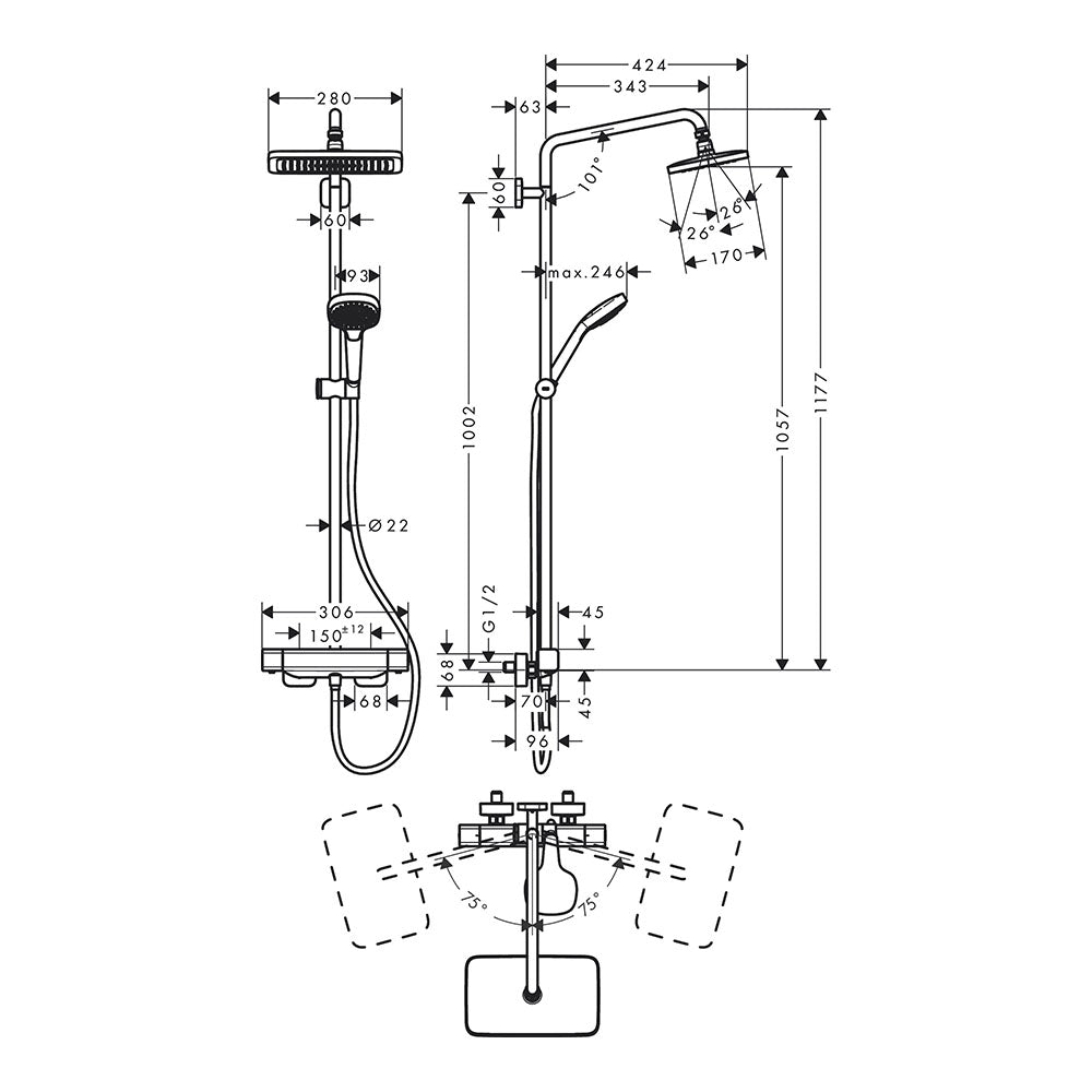 Hansgrohe Croma E Showerpipe 280 1 Jet Ecosmart With Thermostatic Chrome