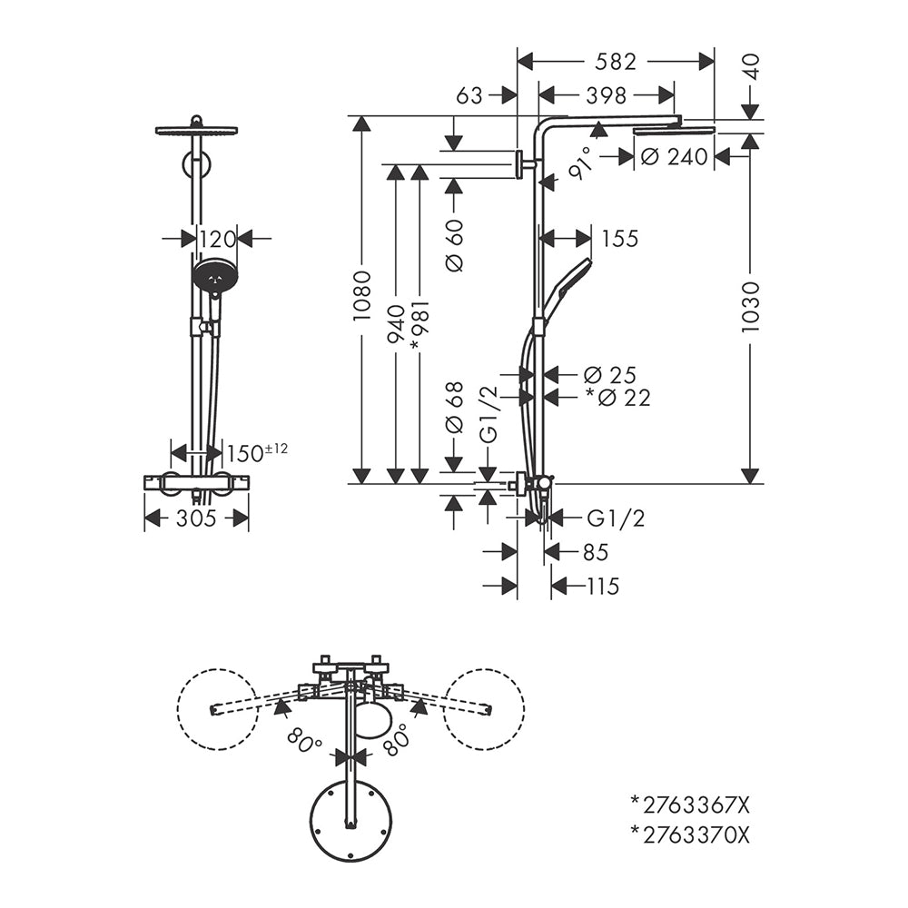 hansgrohe Raindance Select S Thermostatic Shower Mixer Set 240 PowderRain, Chrome