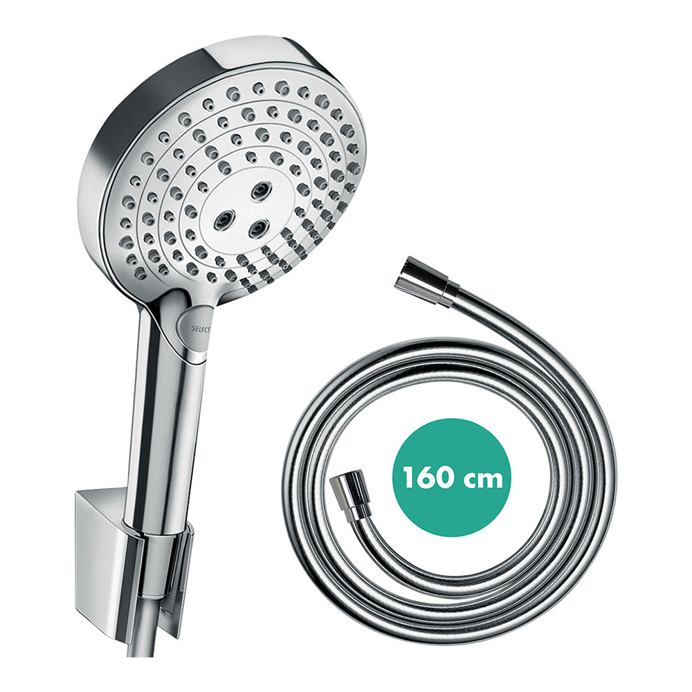 hansgrohe Raindance Select S Shower Handset 120 3 Spray PowderRain with Holder and Shower Hose 160 cm, Chrome