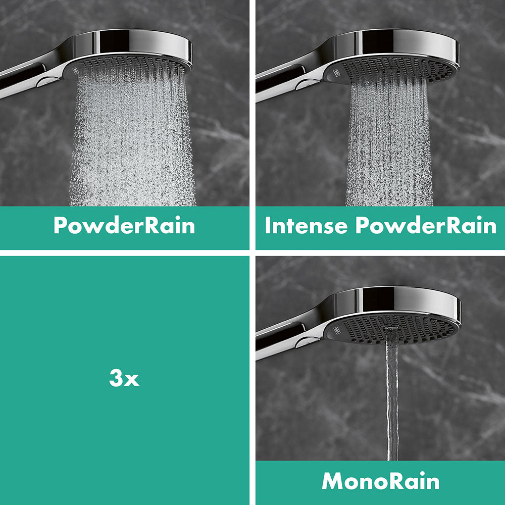 hansgrohe Rainfinity Shower Handset 130 3 Spray with Shower Rail S Puro 90 cm, push slider and Designflex textile shower hose 160 cm, Chrome