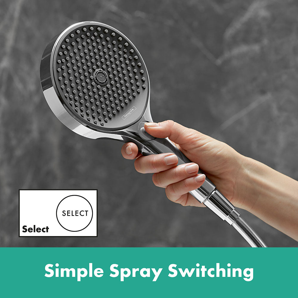 hansgrohe Rainfinity Shower Handset 130 3 Spray with Shower Rail S Puro 65 cm, push slider and Designflex textile shower hose 160 cm, Chrome