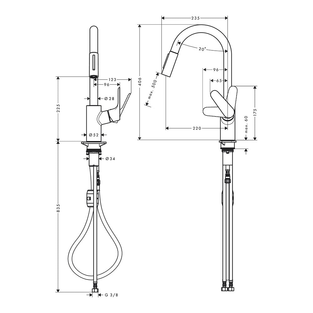 Hansgrohe Focus M41 Kitchen Mixer Tap 240, pull-out sPairay, 2jet, Stainless Steel Stainless Steel Finish