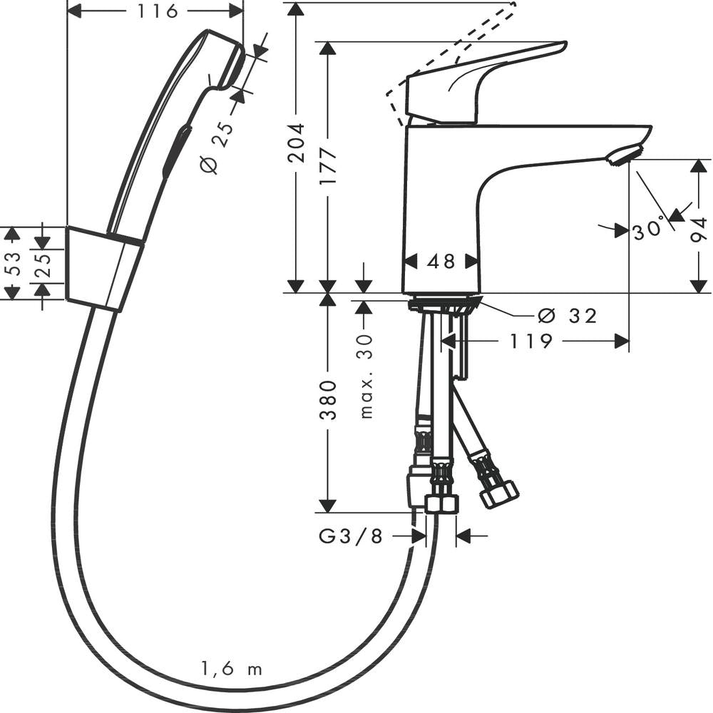 Hansgrohe Focus Basin Mixer Tap 100 with bidette hand shower and shower hose 160 cm, Chrome