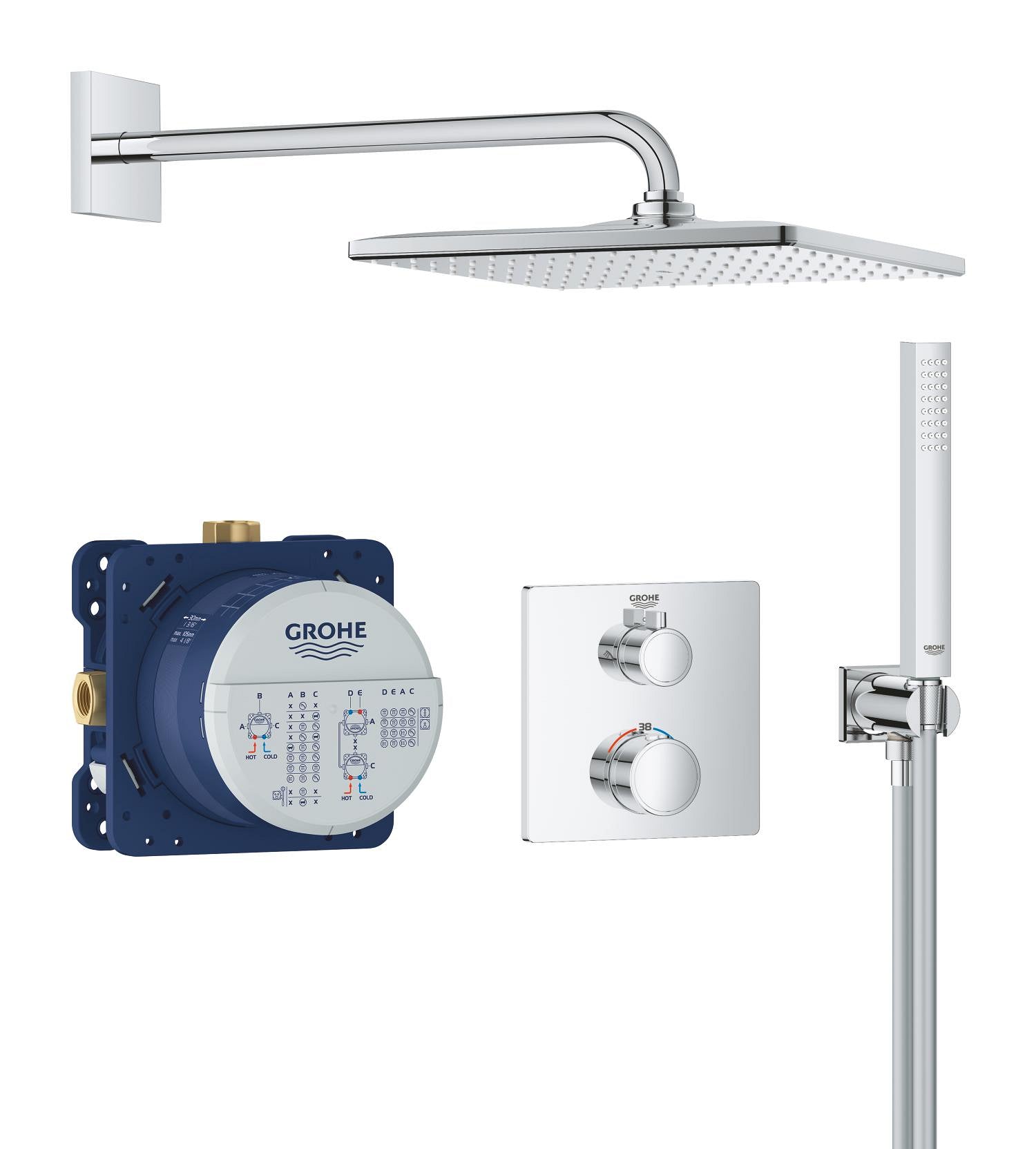 Grohe Grohtherm Rear Fed Concealed Dual Outlet Shower System With Rainshower 310mm Cube Showerhead Chrome