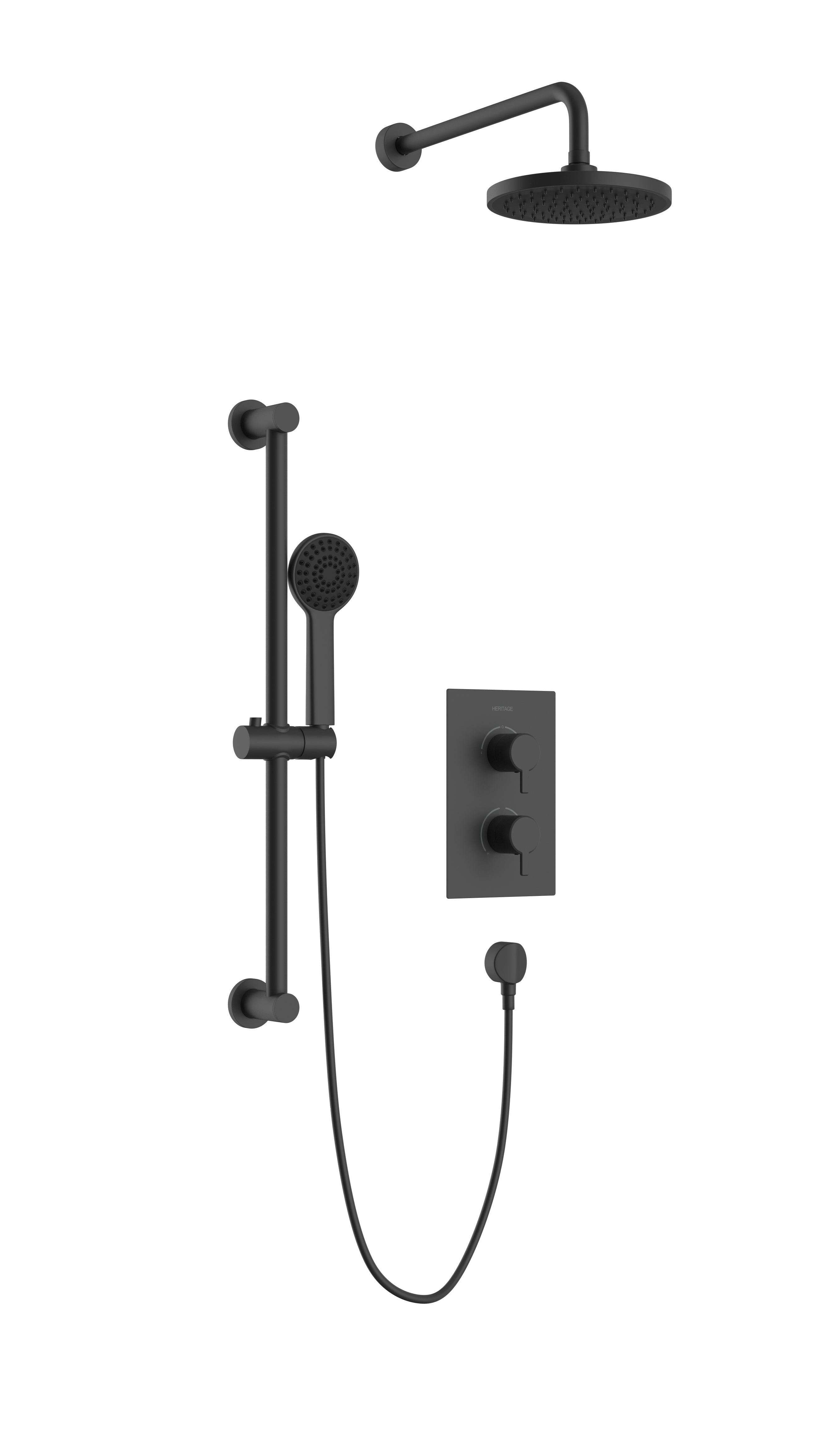 Heritage Bathrooms Dartmouth Concealed 2 Outlet 2 Handle Thermostatic Shower Valve with Fixed Head and Flexible Kit Matt Black SDACDUAL03.