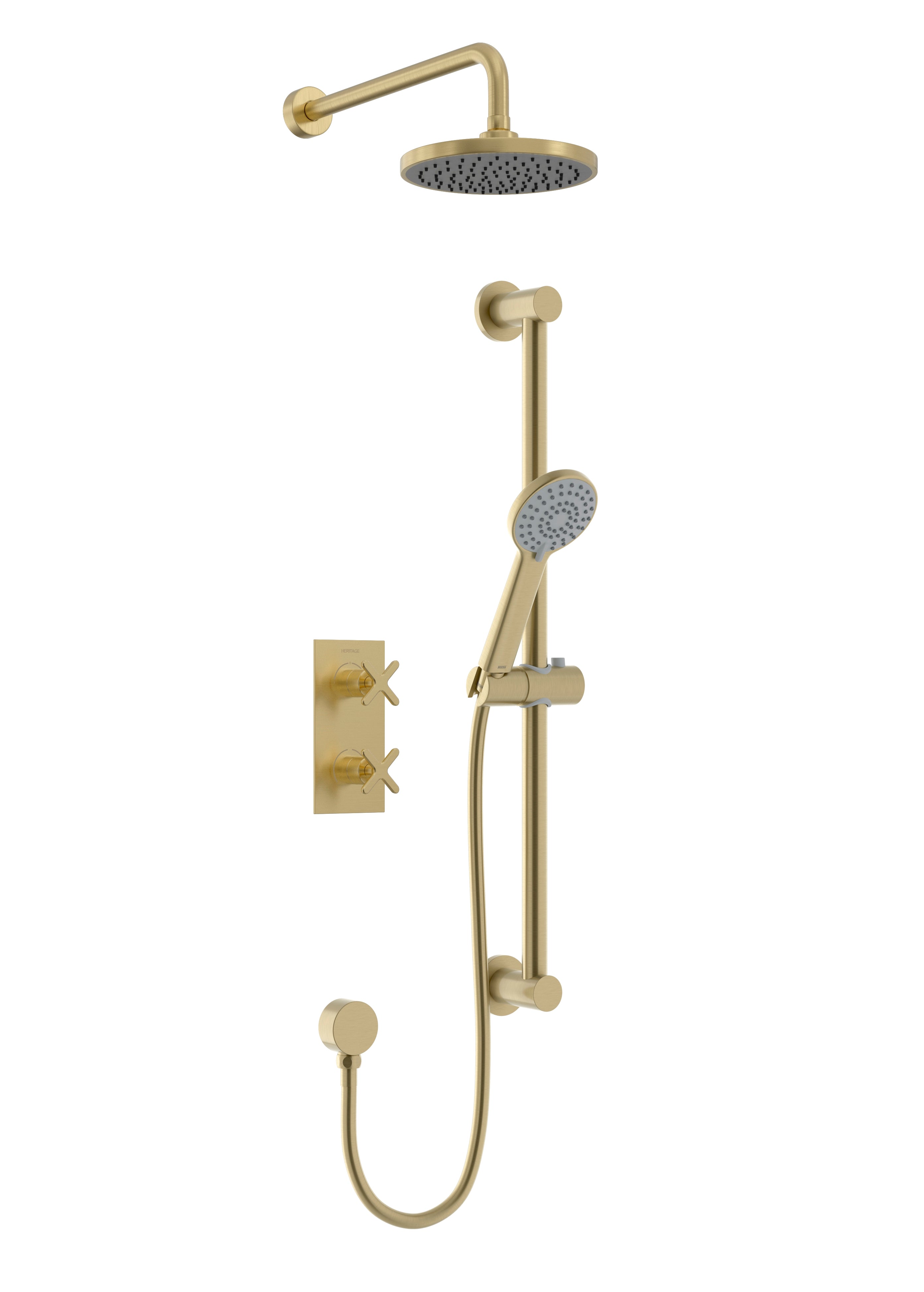 Heritage Salcombe Concealed 2 Outlet 2 Handle Thermostatic Valve with Fixed Head and Flexible Kit Brushed Brass