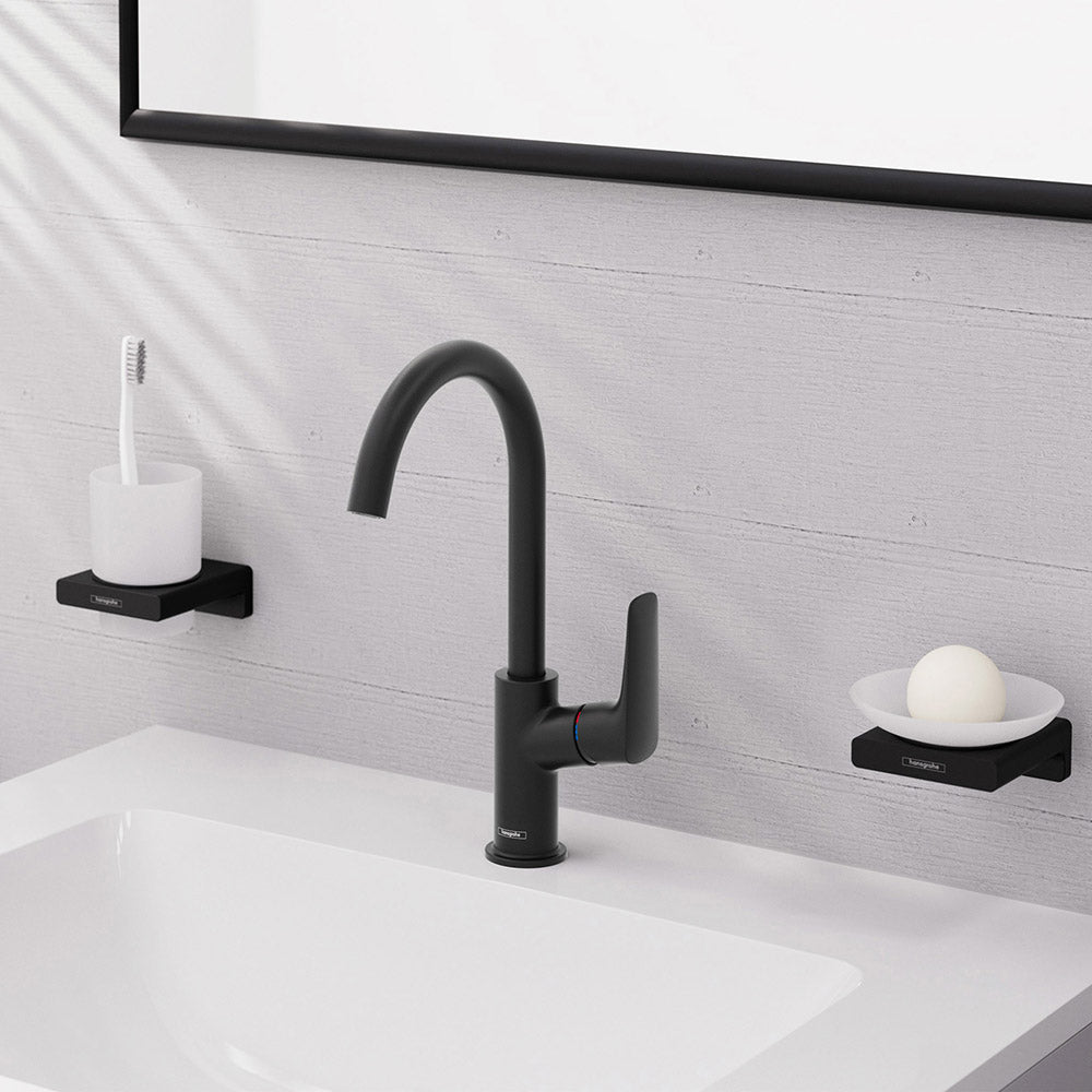 Hansgrohe Logis Single Lever Basin Mixer 210 With Swivel Spout And Pop-Up Waste Set Matt Black
