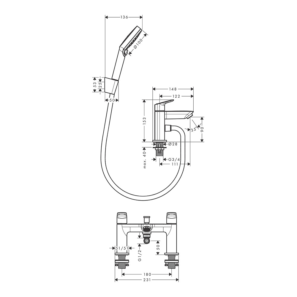 Hansgrohe Logis 2-Hole Rim Mounted Bath Mixer With Diverter Valve And Vernis Blend Hand Shower Vario Chrome
