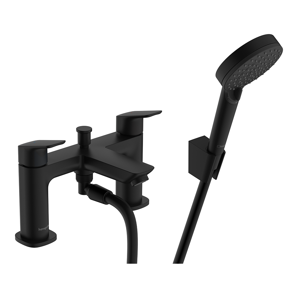 Hansgrohe Logis 2-Hole Rim Mounted Bath Mixer With Diverter Valve And Vernis Blend Hand Shower Vario Matt Black