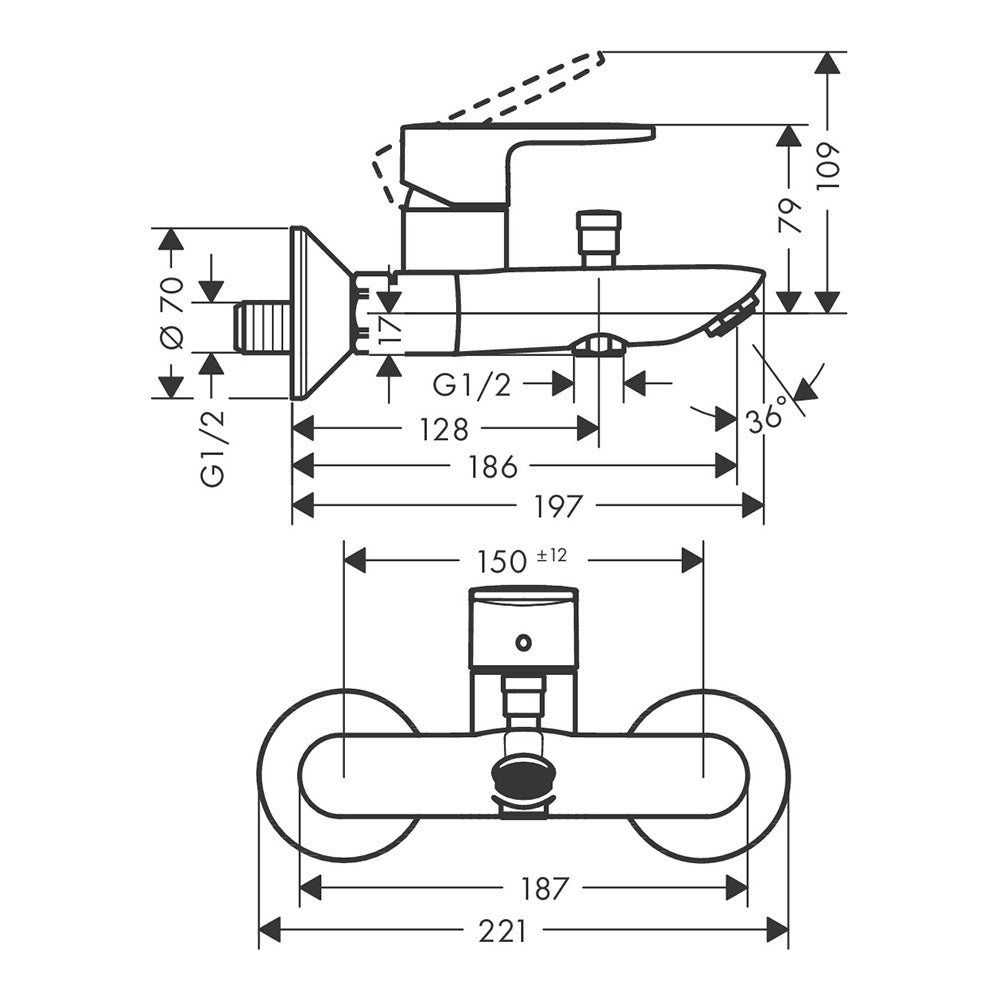 Hansgrohe Vernis Blend Single lever bath mixer for exposed installation with 2 flow rates, Chrome