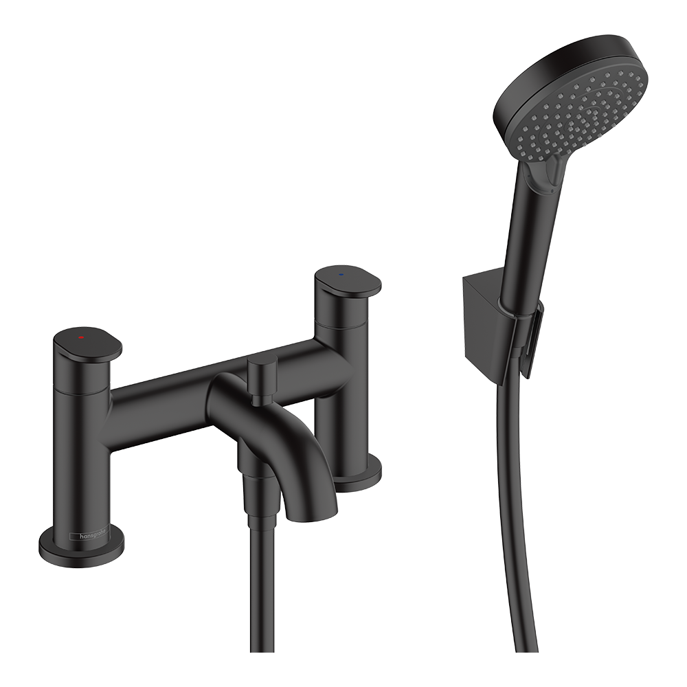 Hansgrohe 2-Hole Rim Mounted Bath Mixer With Diverter Valve And Vernis Blend Hand Shower Vario Matt Black