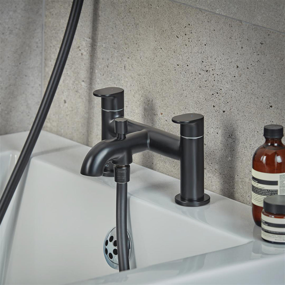 Hansgrohe 2-Hole Rim Mounted Bath Mixer With Diverter Valve And Vernis Blend Hand Shower Vario Matt Black