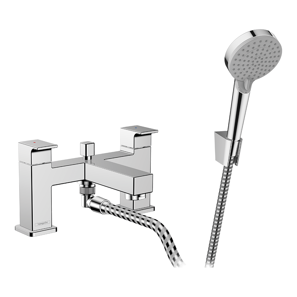 Hansgrohe Vernis Shape 2-Hole Rim Mounted Bath Mixer With Diverter Valve And Vernis Blend Hand Shower Vario Chrome