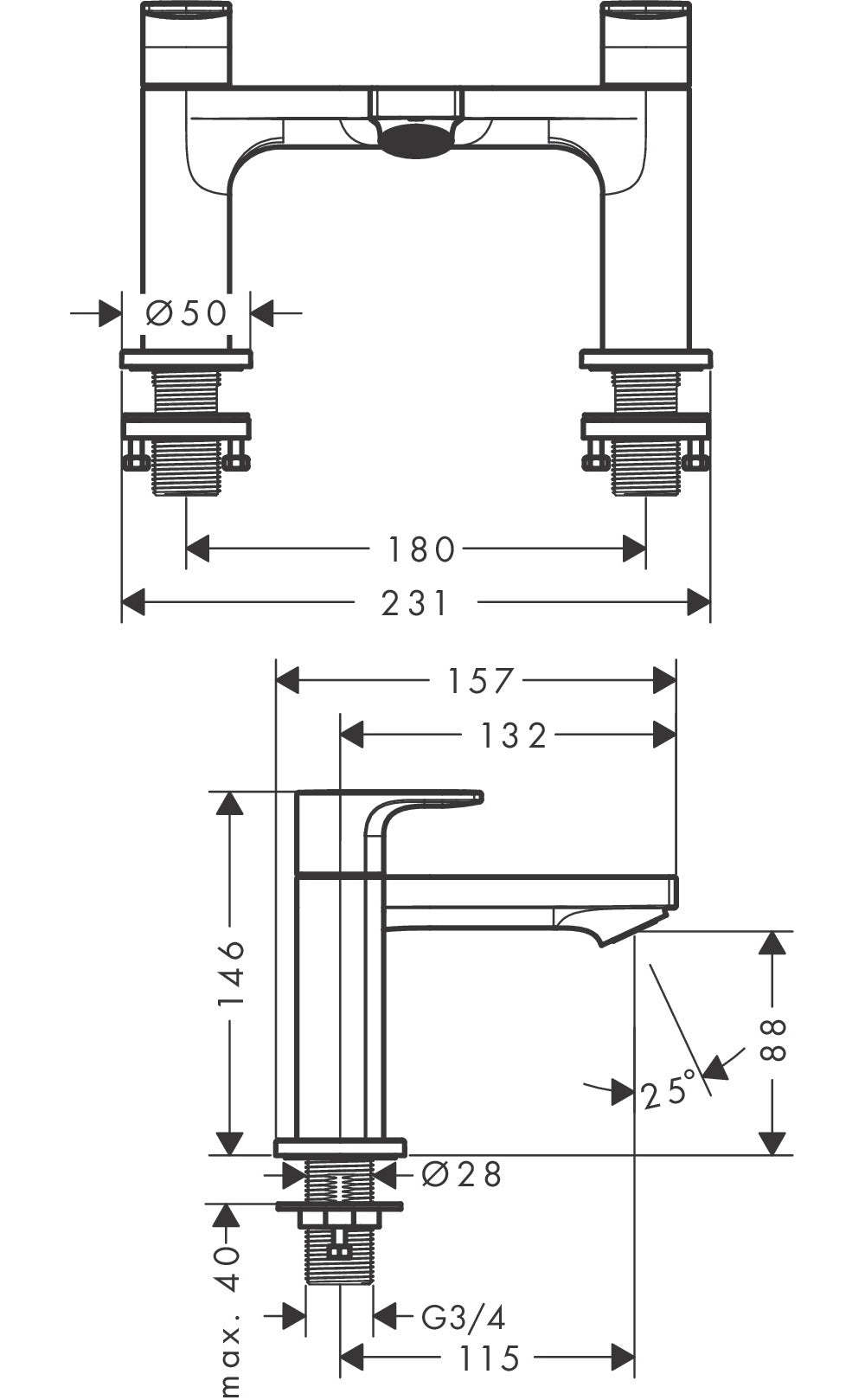 Hansgrohe Rebris E 2-Hole Rim Mounted Bath Mixer Chrome