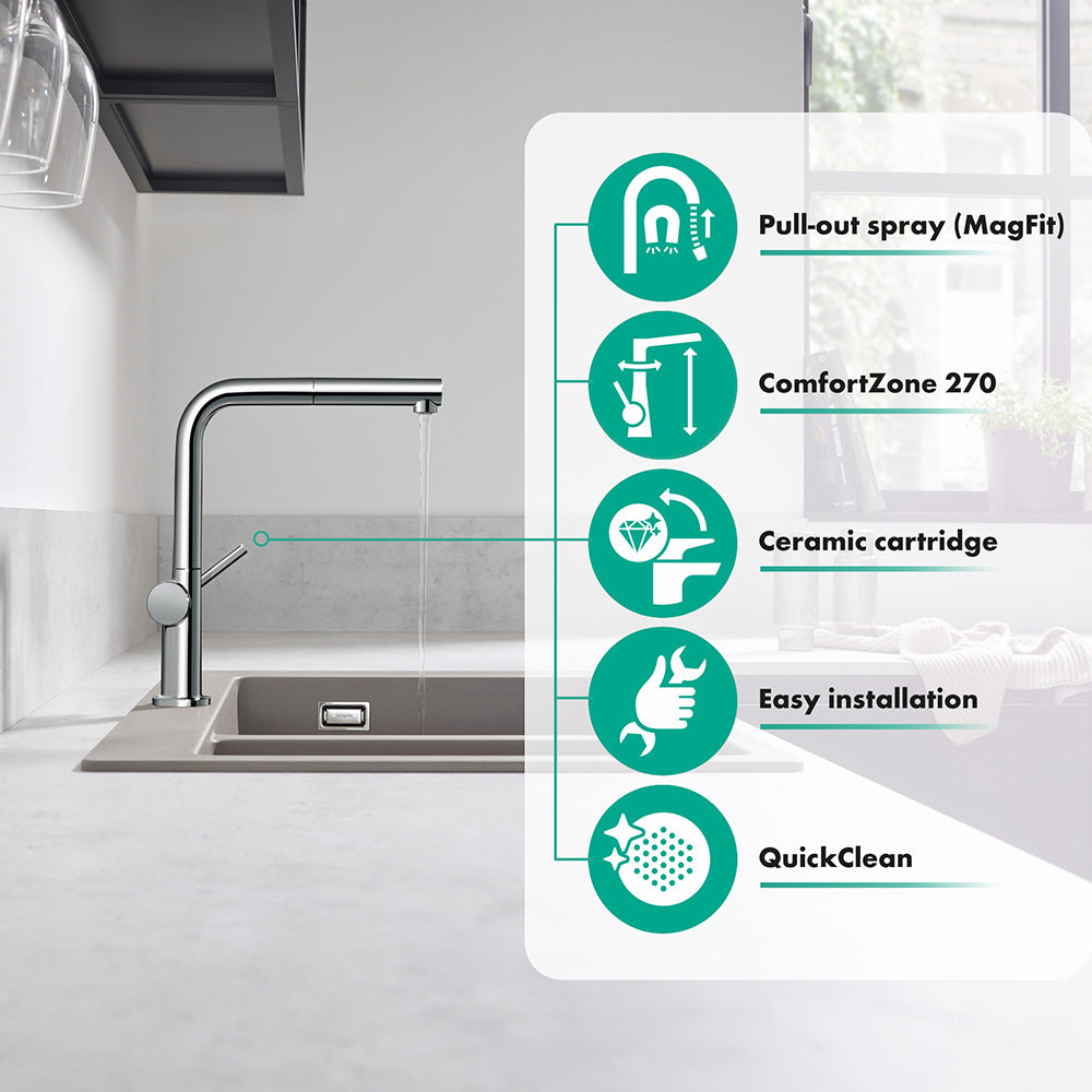Hansgrohe Talis M54 Kitchen Mixer Tap 270, pull-out spout, 1jet, Chrome