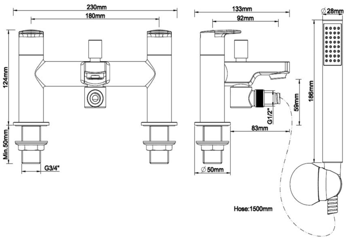 Roca Victoria Plus Deck-mounted bath-shower mixer tap with hose, handset and handset bracket chrome Chrome