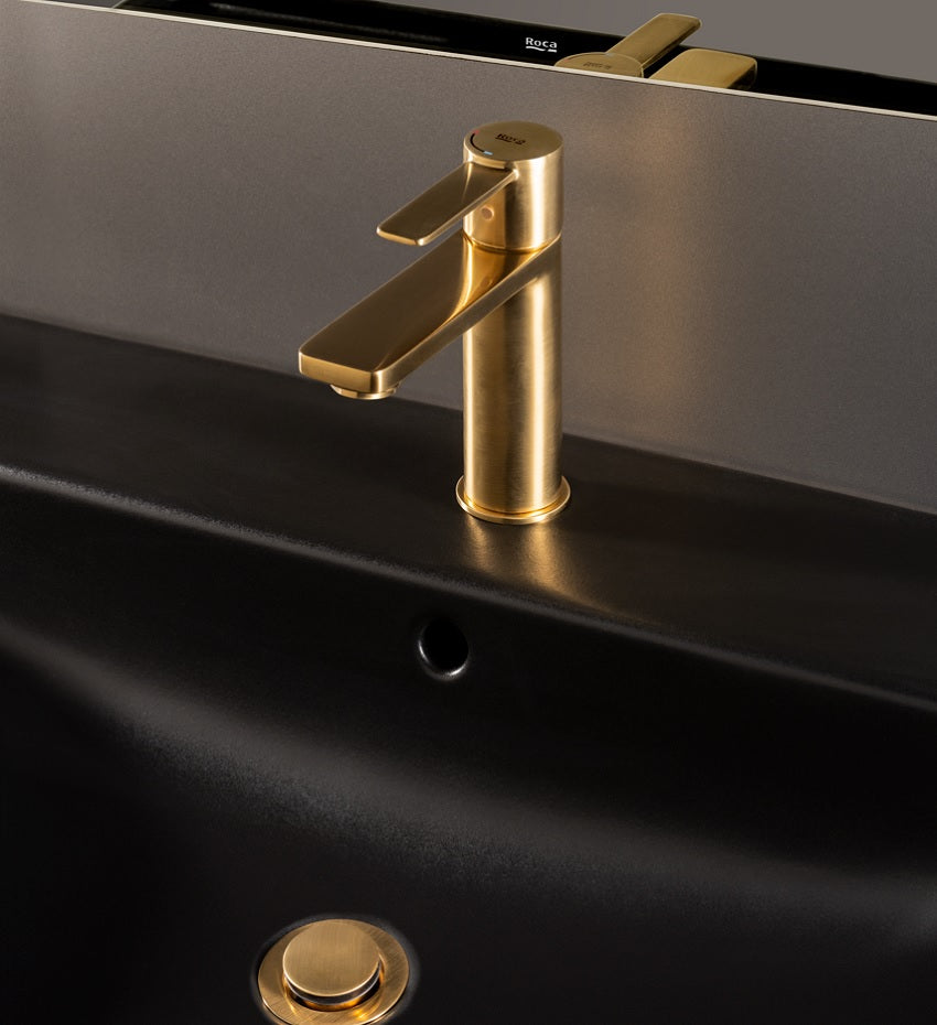 Roca Targa Basin mixer Tap with smooth body Cold Start S-Size Brushed Brass