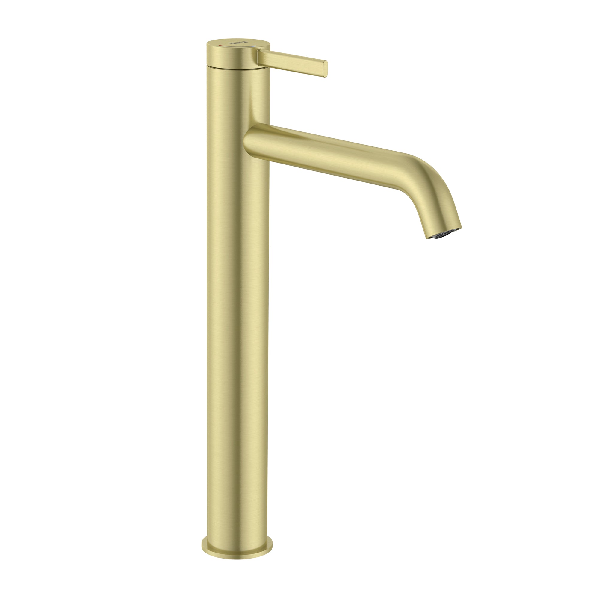 Roca Ona Basin mixer Tap high neck smooth body with click clack waste, Cold Start Brushed Brass