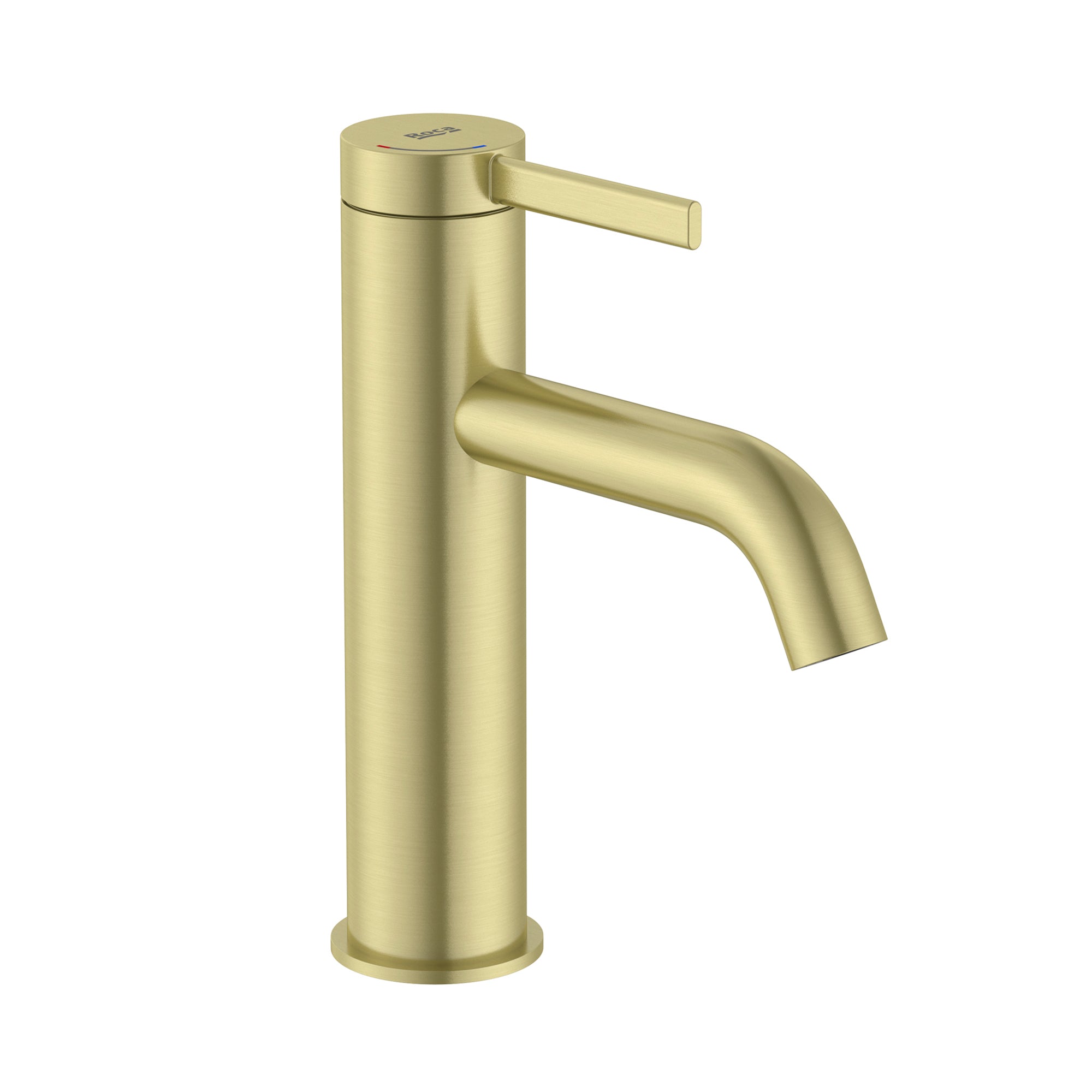 Roca Ona Basin mixer Tap smooth body with click clack waste, Cold Start Brushed Brass