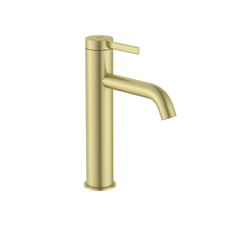 Roca Ona Basin mixer Tap mezzo smooth body with click clack waste, Cold Start Brushed Brass