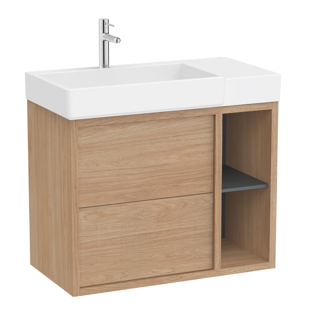 Roca Tura Vanity Unit with 2 Drawers and Side Shelf 770(W) x 407(D) x 600(H)mm Light Elm
