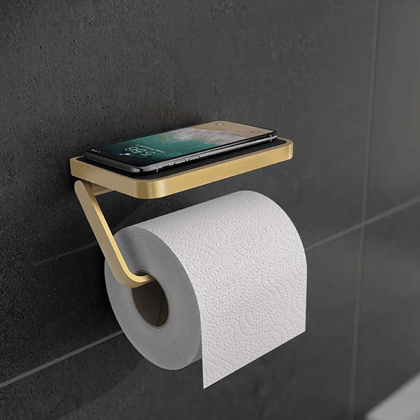 HiB Atto Brushed Brass Toilet Roll Holder with Shelf & Anti-Slip Mat