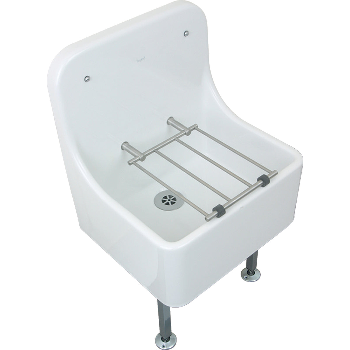 Twyford Sola cleaner sink, floor-standing, high back, with hinged grating.