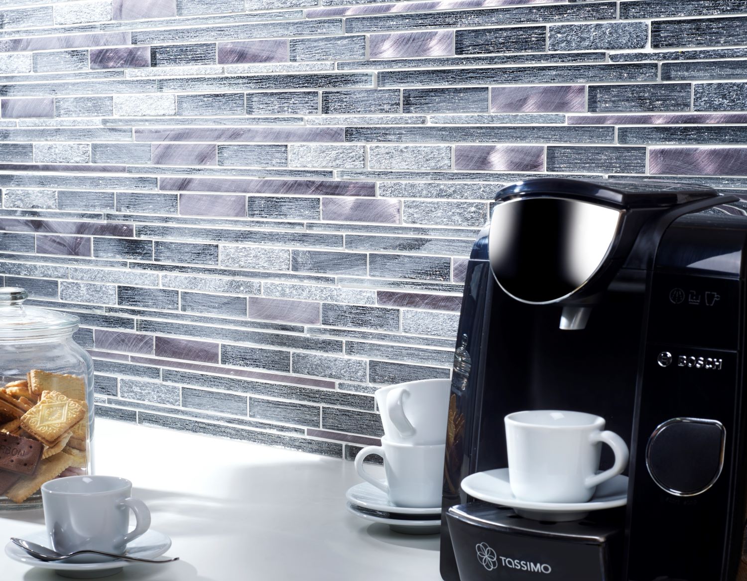 Verona Kenton Grey Glass/Stone/Metal Mix Offset Linear Mosaic Pk/10