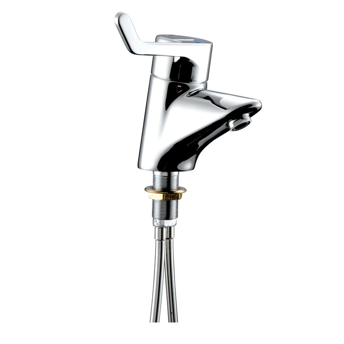 Armitage Shanks Contour 21 thermostatic 1 taphole washbasin mixer with single sequential long lever and copper tails chrome.