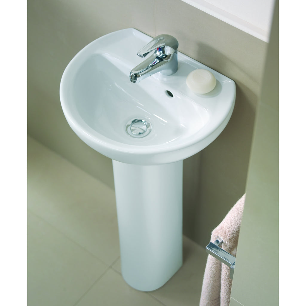 Twyford Alco handrinse basin with asymmetrical overflow: 40x33cm, Tap hole=centred, Overflow=visible, white