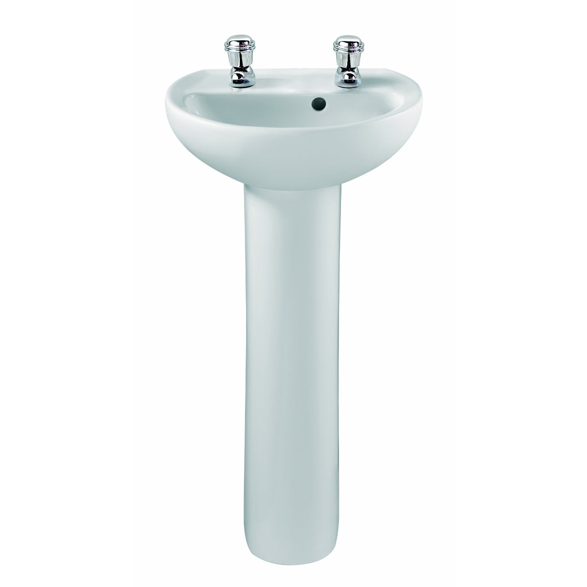 Twyford Alco handrinse basin with asymmetrical overflow: 40x33cm, Tap hole=left and right, Overflow=visible, white