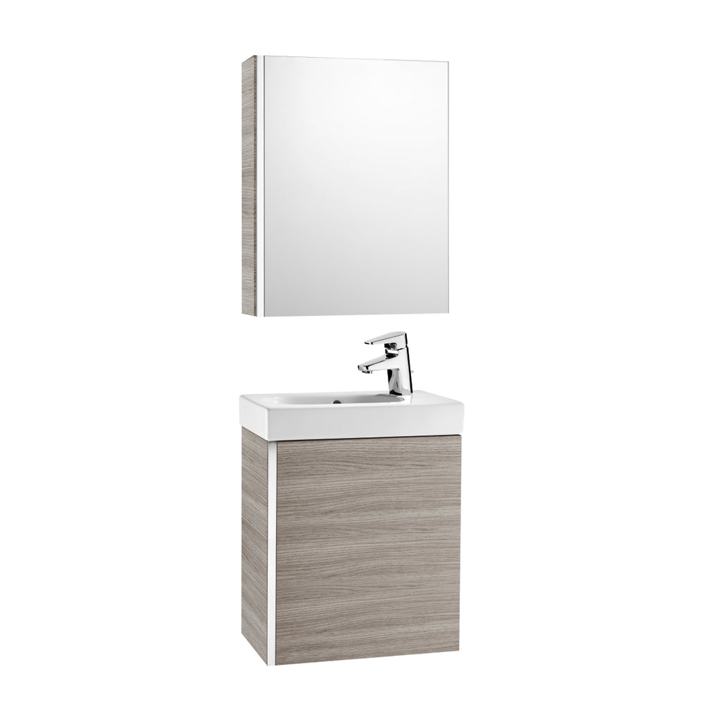 Roca Mini Basin, Mirrored Cabinet And Base Unit 450 X 250Mm - 1 Soft-Close Door - Textured Grey