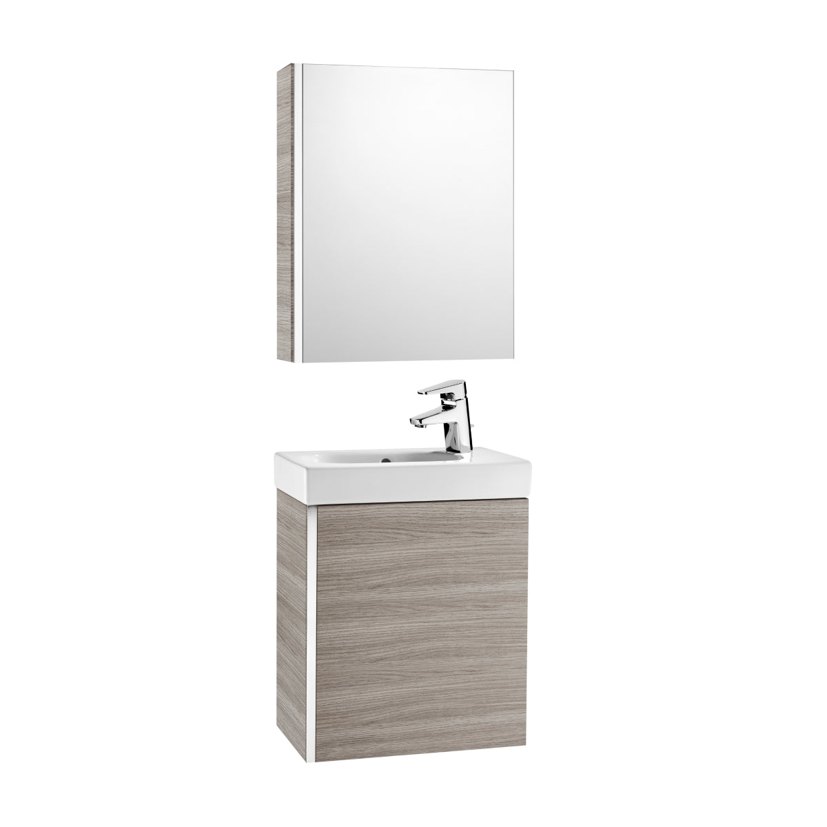 Roca Mini Basin, Mirrored Cabinet And Base Unit 450 X 250Mm - 1 Soft-Close Door - Textured Grey