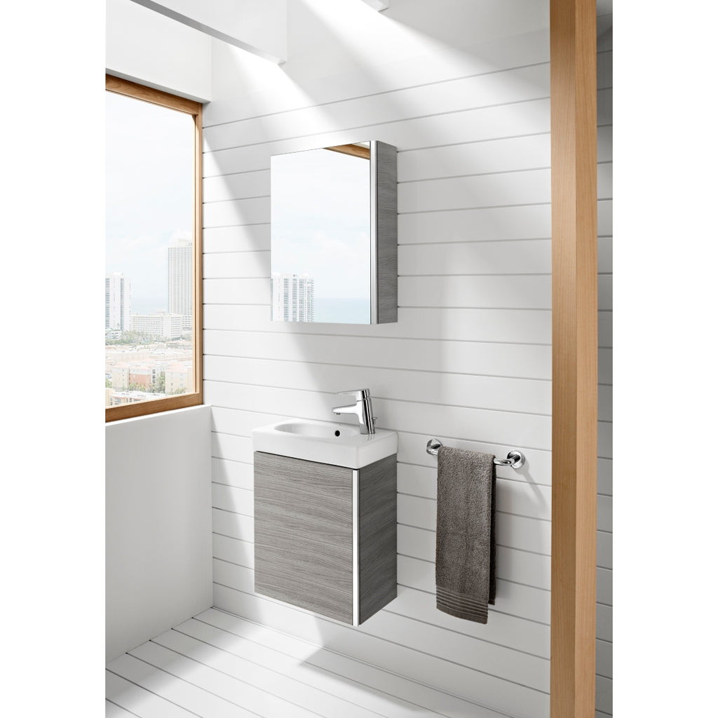 Roca Mini Basin, Mirrored Cabinet And Base Unit 450 X 250Mm - 1 Soft-Close Door - Textured Grey