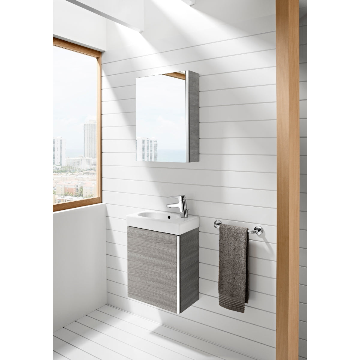 Roca Mini Basin, Mirrored Cabinet And Base Unit 450 X 250Mm - 1 Soft-Close Door - Textured Grey