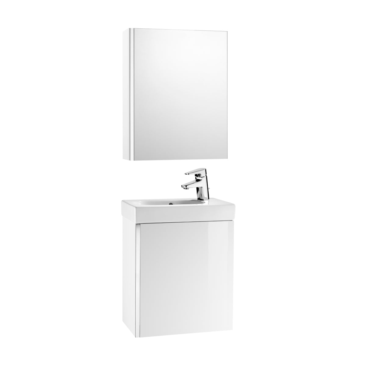Roca Mini Basin, Mirrored Cabinet And Base Unit 450 X 250Mm - 1 Soft-Close Door - Gloss White