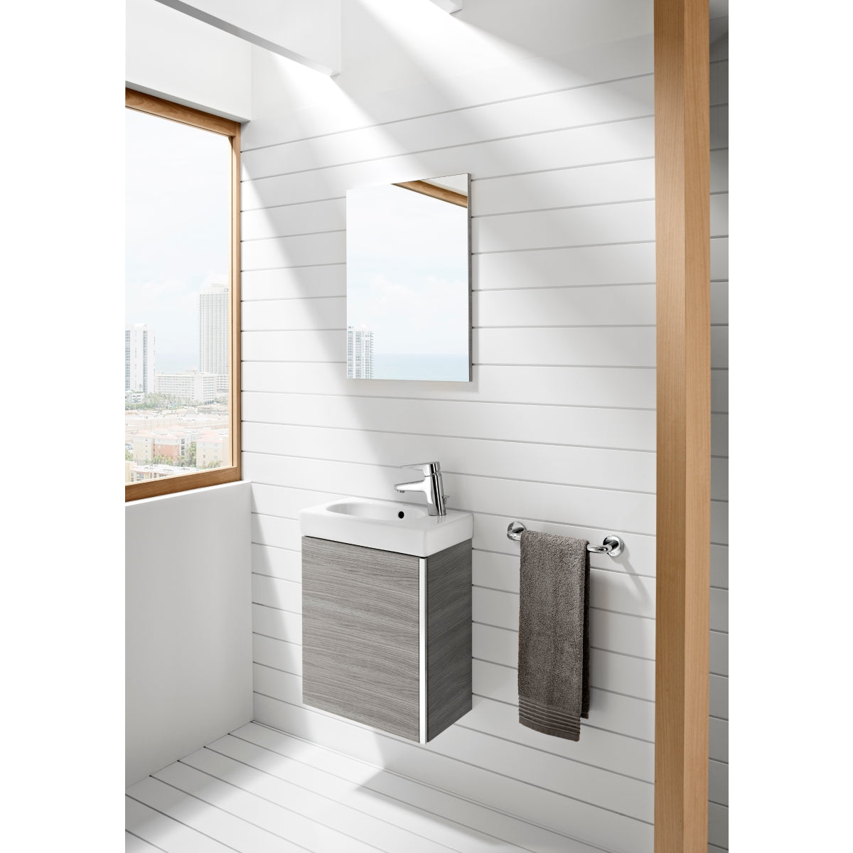 Roca Mini Basin, Mirror And Compact Vanity Unit 450 X 250mm - 1 Soft-Close Door - Textured Grey
