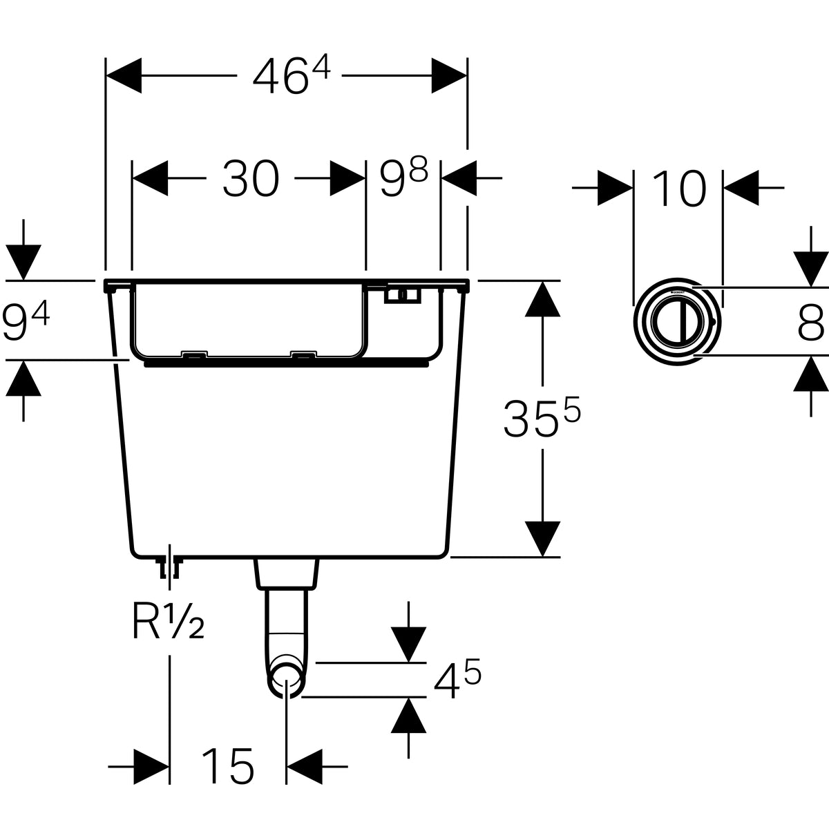 Geberit Low-Height Furniture Cistern 6 / 3 Litres, Remote Flush Actuation Type 01 109 724 21 2 109.724.21.2