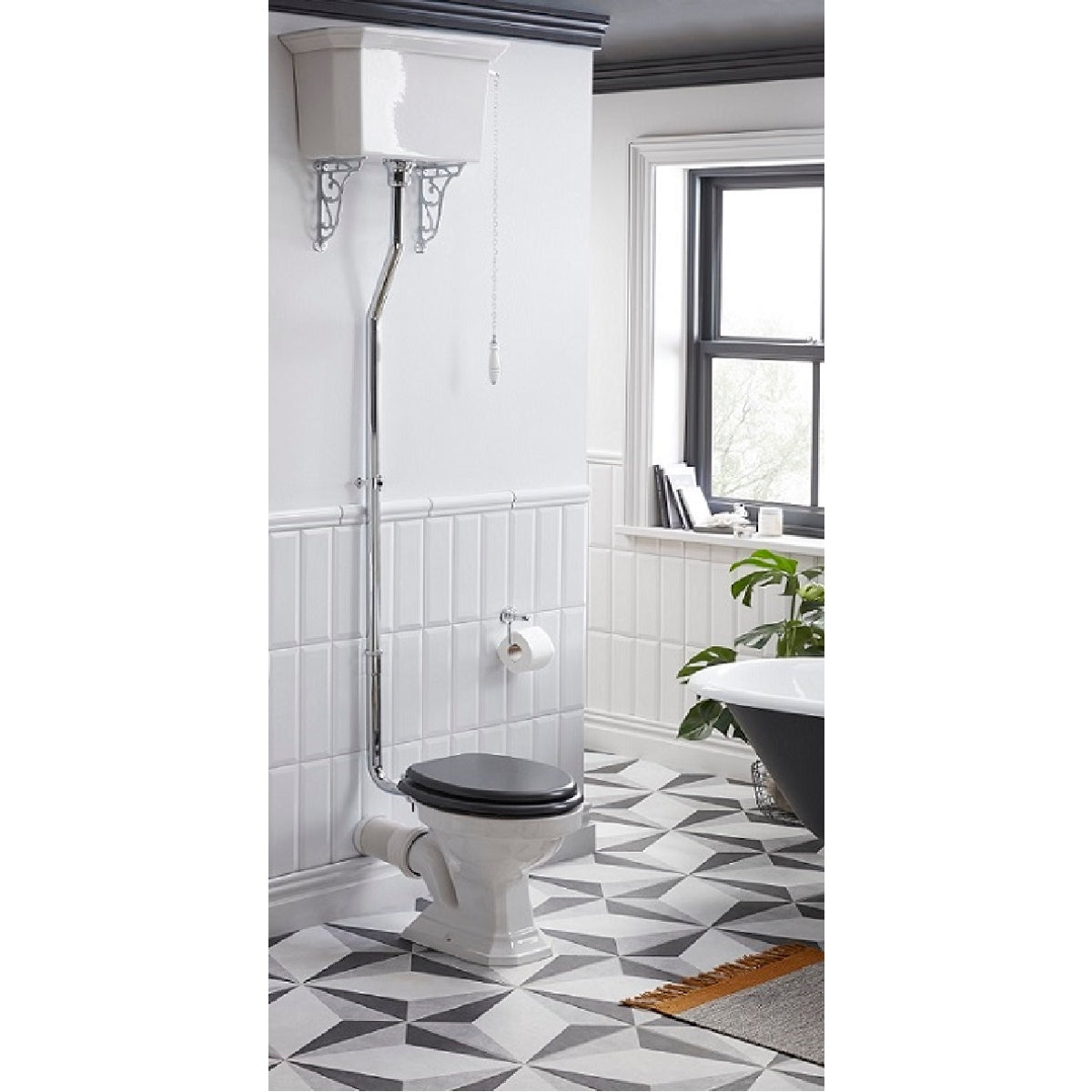 Heritage Granley High Level Toilet - 4 5 Litre Dual Flush Valve - Including High Level Cistern Pack and Pull Chain- Soft Close Chrome Hinge - Graphite Seat Included