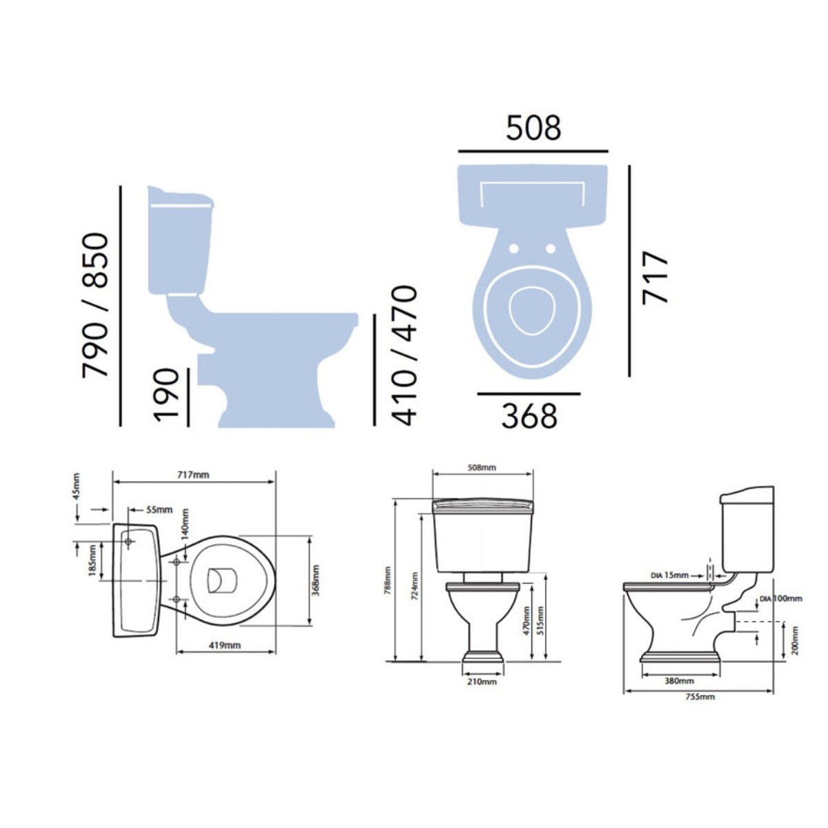 Heritage Dorchester Comfort Height Close Coupled Toilet - 6/4 Litre Dual Flush Valve - Including Cistern Fittings and Chrome Lever - Soft Close Chrome Hinge - Graphite Seat Included