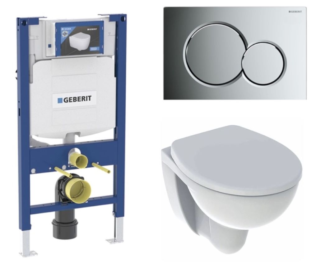 Geberit Alcona Wall Hung Toilet Pan and Seat with the Delta Round Frame and Flush Plate